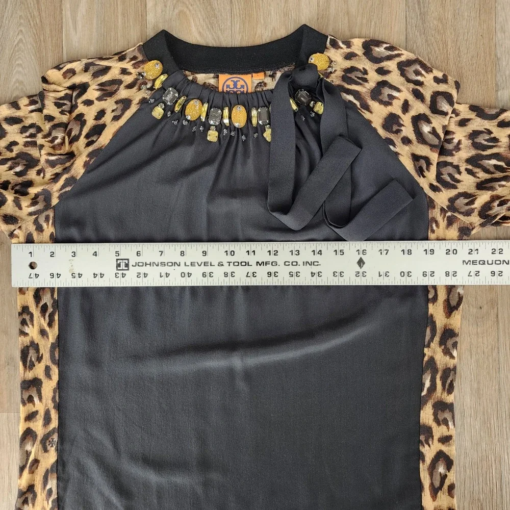 Tory Burch Leopard Print Silk Wool Embellished Tie Neck Top Black Brown Large
